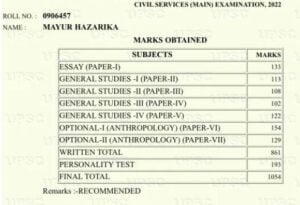 Mayur Hazarika UPSC Marksheet 2023