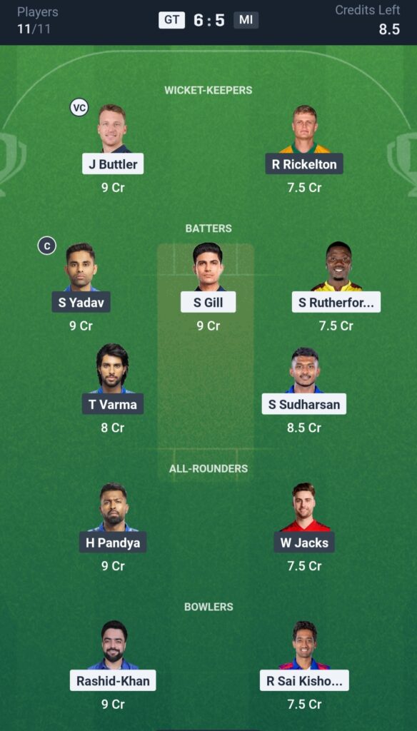 Grand League Team for GT vs MI Dream11 Prediction