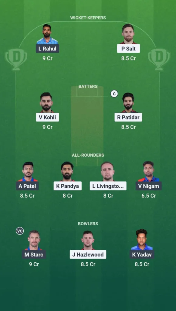 RCB vs DC Dream11 Prediction Team 1