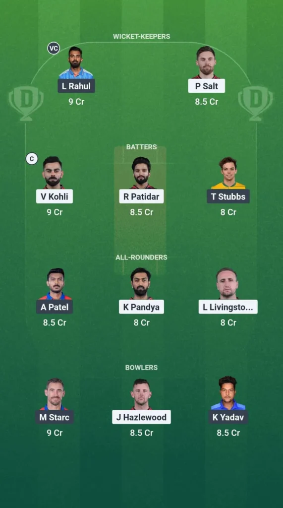 RCB vs DC Dream11 Prediction Team 1