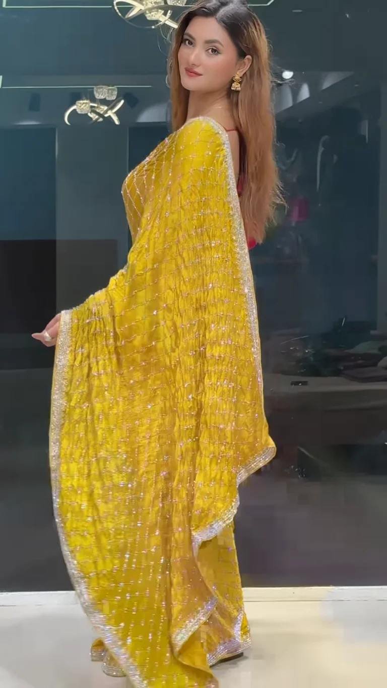 Elegant Yellow Saree with Red Blouse – Perfect Festive Look - Image 3