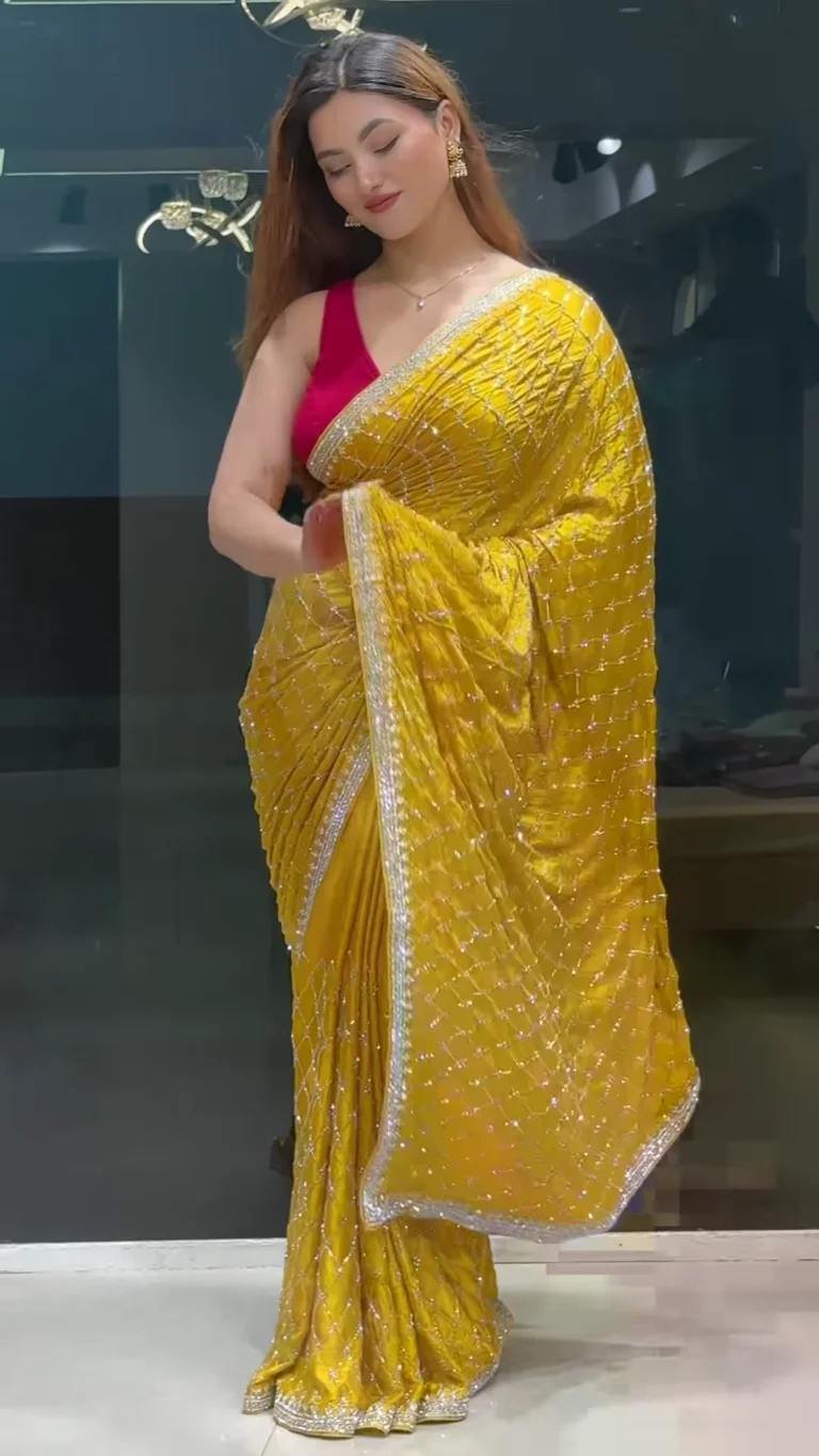 Elegant Yellow Saree with Red Blouse – Perfect Festive Look - Image 5