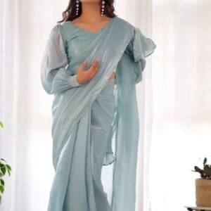 Sky Blue Premium Jimmy Choo Organza Ruffle Saree | Ready-to-Wear with Stitched Blouse