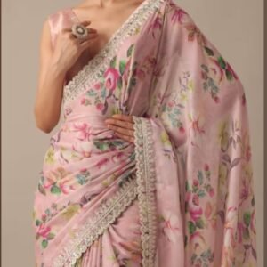Pink Chiffon Saree With Floral Prints