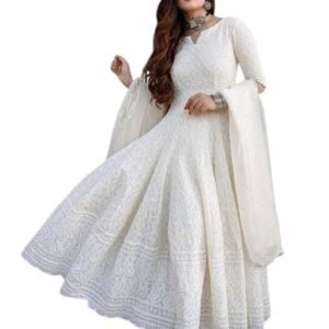 Pure White Cotton Anarkali Chikankari Long Kurti Gown