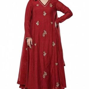 Solid Anarkali Kurta and Pant Red