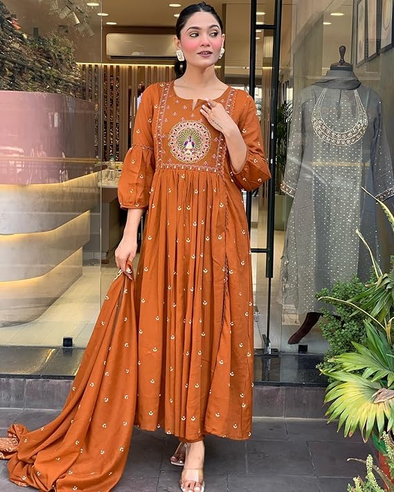 Rayon Printed Anarkali Kurta Set Rust - Image 2