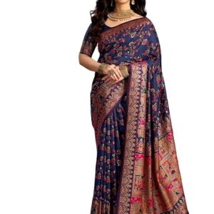 Navy Blue Banarasi Saree with Blouse