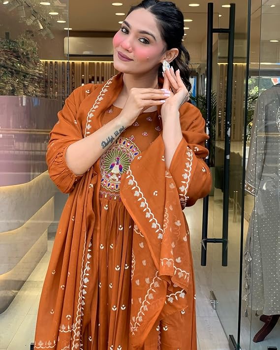 Rayon Printed Anarkali Kurta Set Rust - Image 3