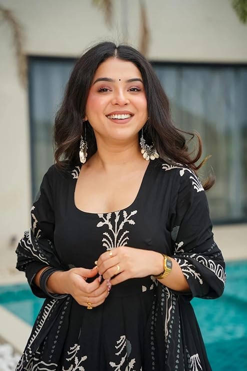 Rayon Printed Anarkali Kurta and Pant Black - Image 3