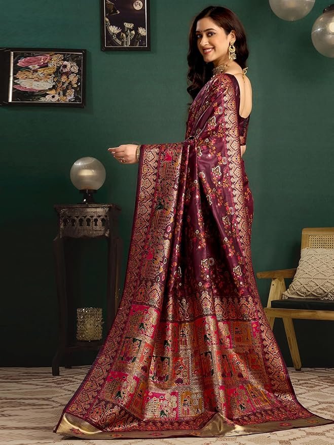 Maroon Banarasi Saree with Blouse - Image 4