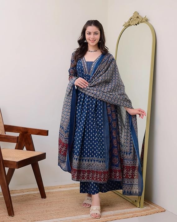 Rayon Printed Anarkali Kurta and Pant with Dupatta Set - Image 2