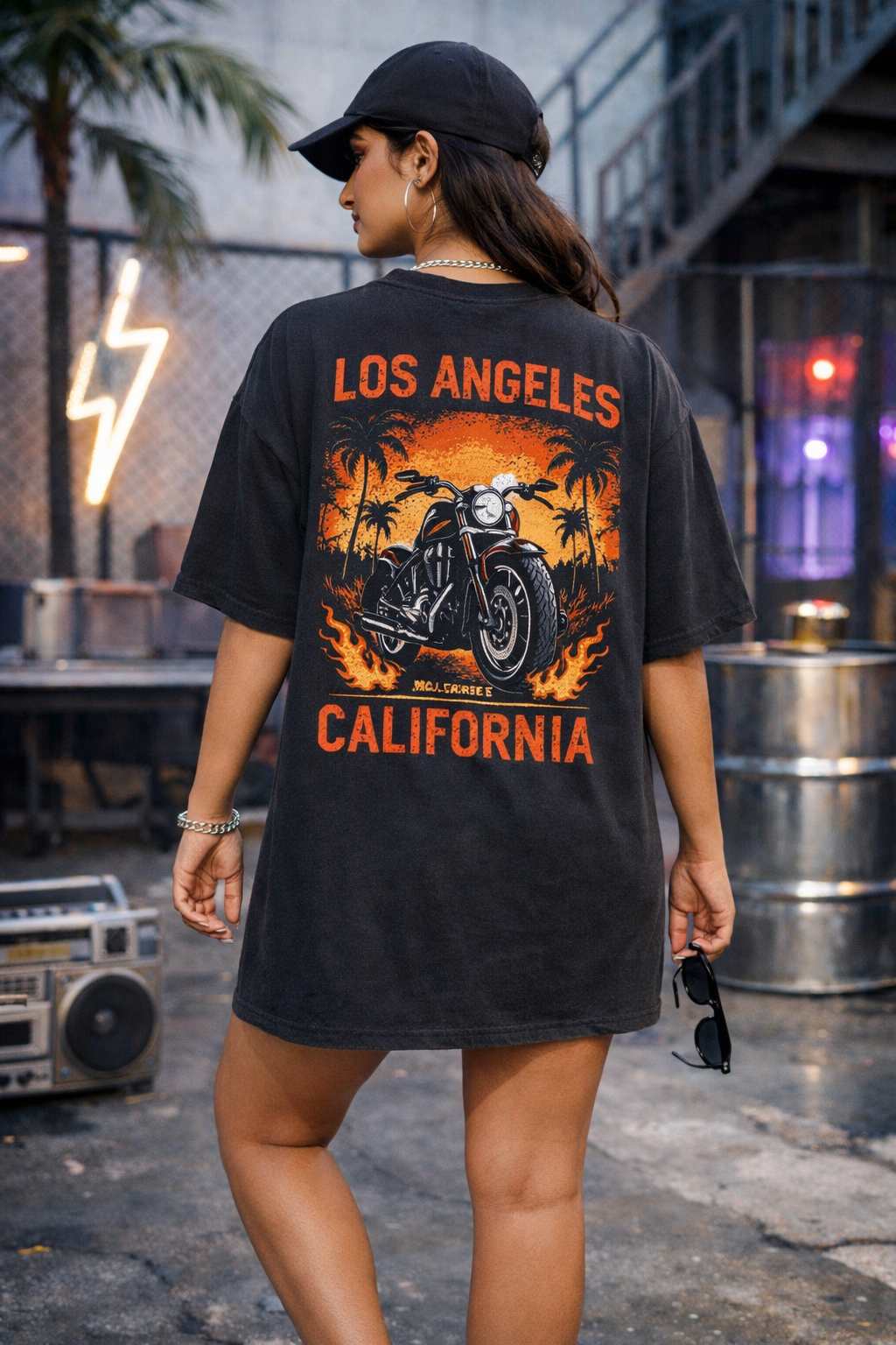 Black Premium Oversized T-Shirt Dress for Girls | Gen Z Streetwear Style – Los Angeles Back Print