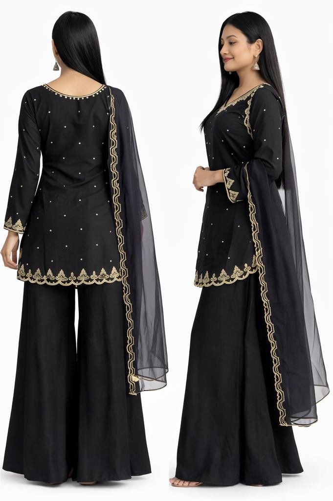 Black Embroidered Sharara Set – Elegant Party Wear