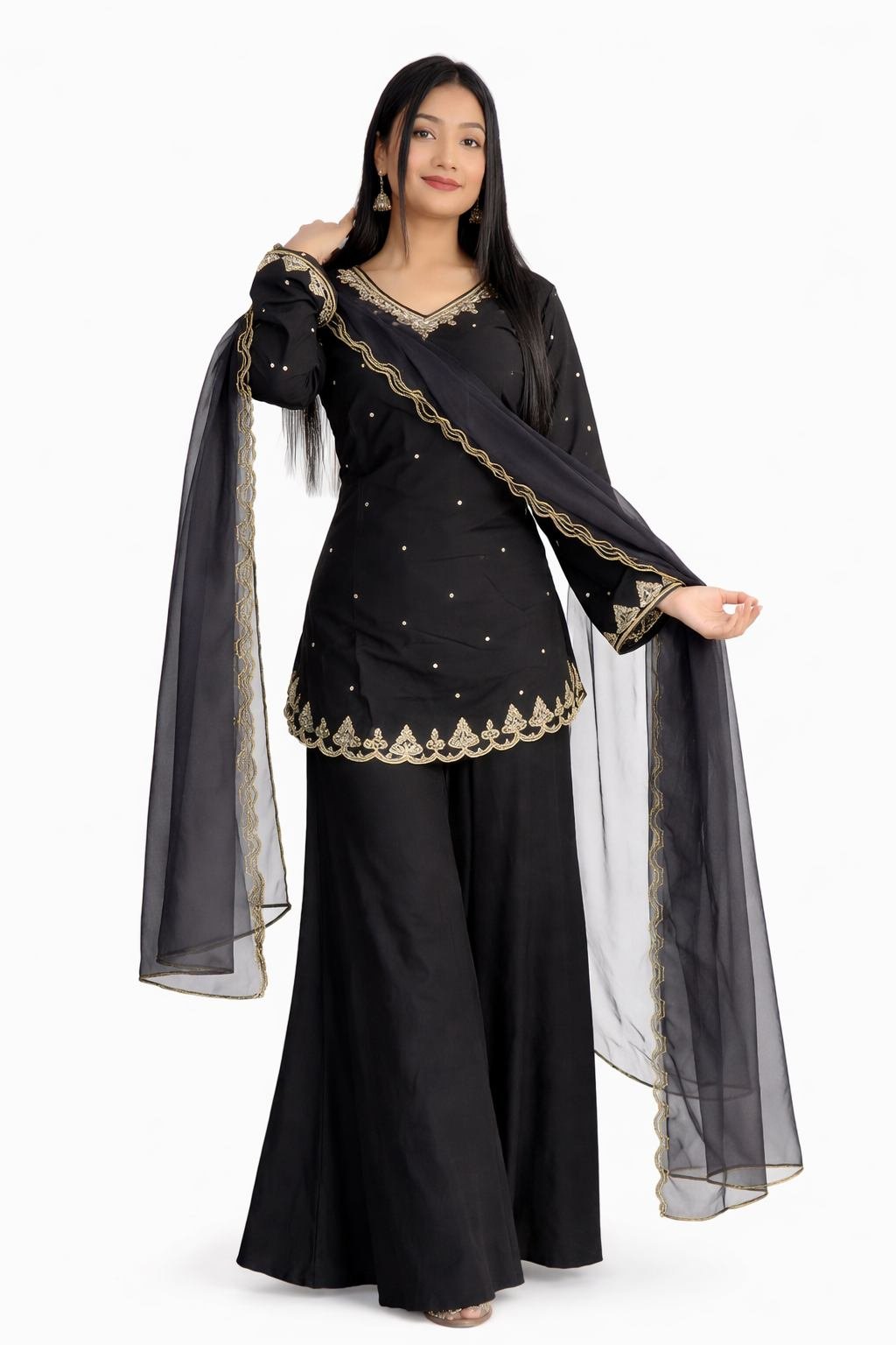 Black Embroidered Sharara Set – Elegant Party Wear