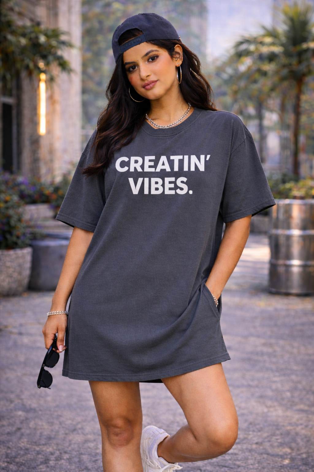 Charcoal Grey Oversized T-Shirt Dress for Women | Indian Gen Z Girls