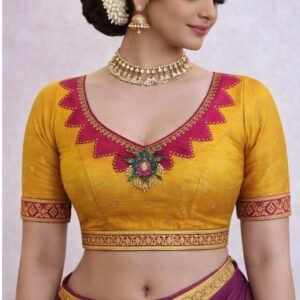 Mustard Yellow & Rani Pink Scallop-Neck Designer Blouse