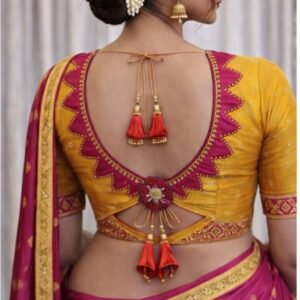 Mustard Yellow & Rani Pink Scallop-Neck Designer Blouse