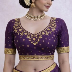 Product Details Fabric: Premium silk blend – rich texture with royal sheen Color: Deep royal purple with antique gold zari work Back Design: Statement scalloped deep back with heavy floral zari embroidery Tie-Up Detail: Upper tie-up dori with ornate gold & purple tassels (latkan) Center Highlight: Decorative floral motif at lower back with hanging tassels Front Design: Elegant V-neckline with all-over gold butti & floral embroidery Sleeves: Elbow-length sleeves with heavy gold zari border Embellishment: Zari embroidery, bead detailing, traditional butti work Fit & Finish: Structured, body-hugging fit with premium tailoring Closure: Back tie-up Occasion: Bridal wear, wedding functions, reception, festive & traditional events