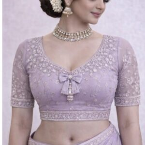 Lavender Pearl-Embroidered Designer Blouse with Bow Tie-Up Back