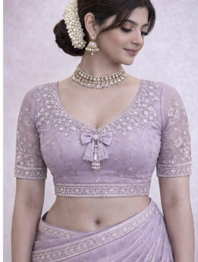 Lavender Pearl-Embroidered Designer Blouse with Bow Tie-Up Back