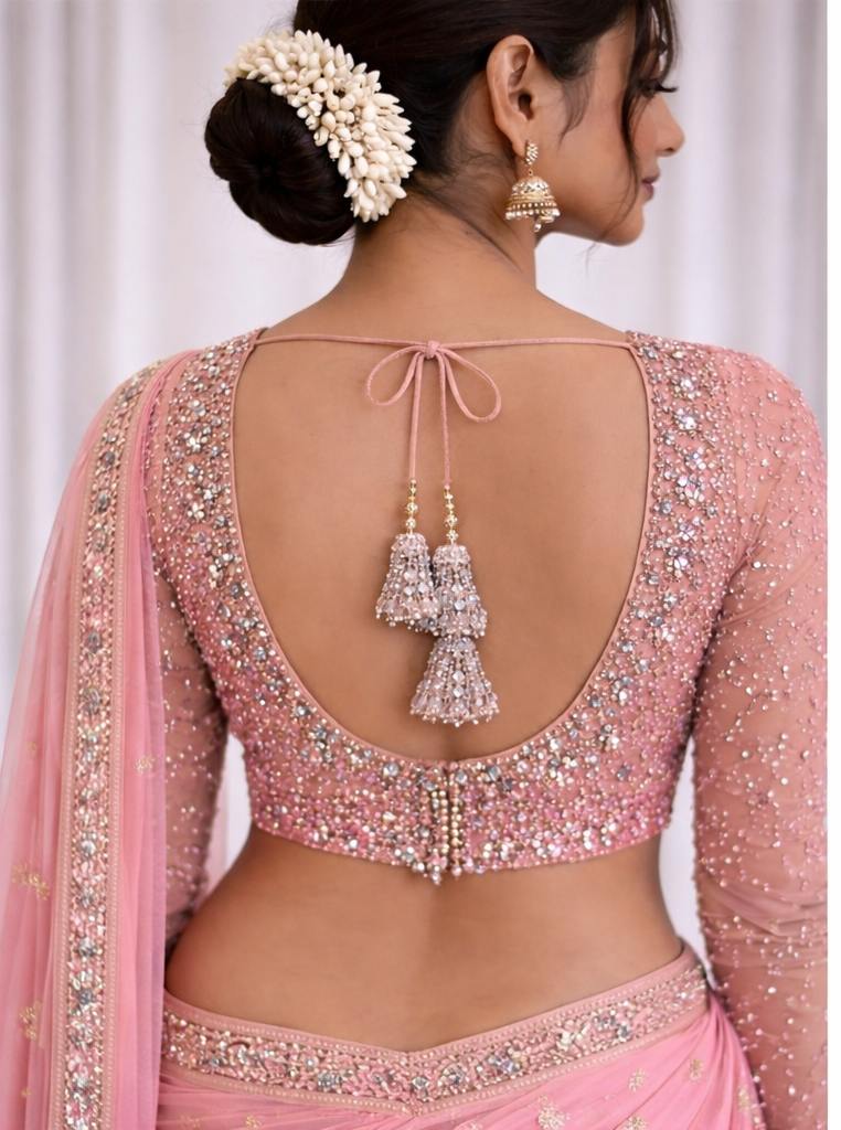 Pastel Pink Heavy Stone Work Designer Blouse - Image 2