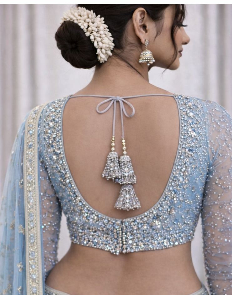 Ice Blue Heavy Stone Work Designer Blouse - Image 2