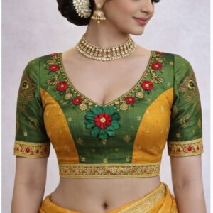 Mustard Yellow & Bottle Green Designer Blouse