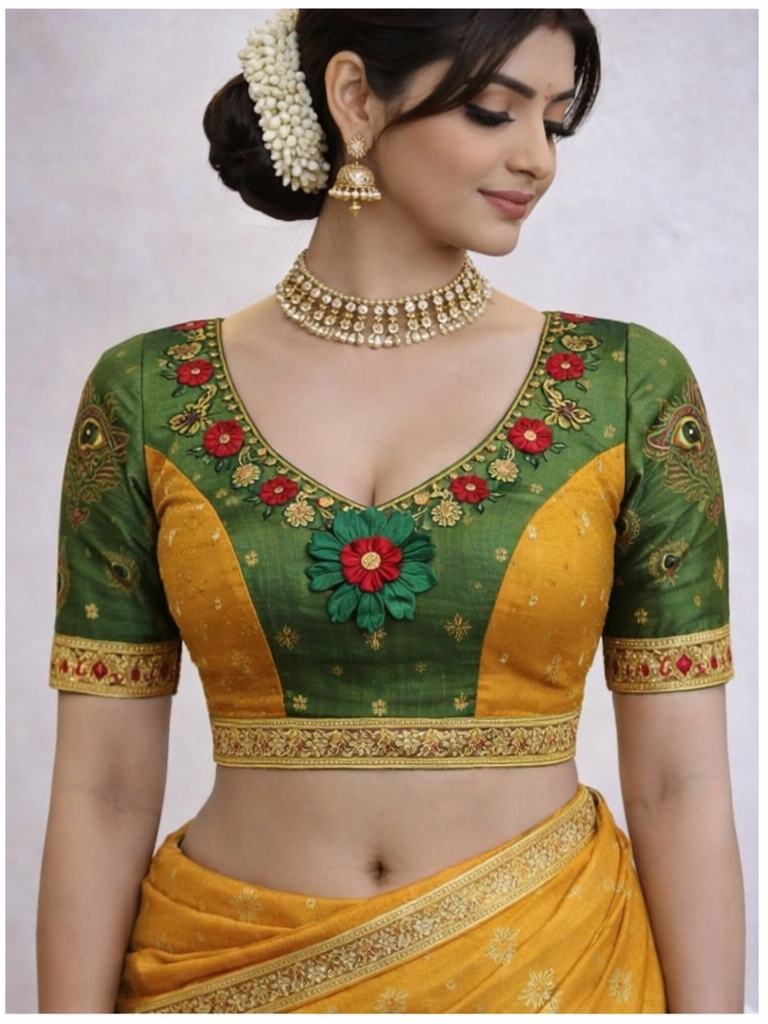 Mustard Yellow & Bottle Green Designer Blouse