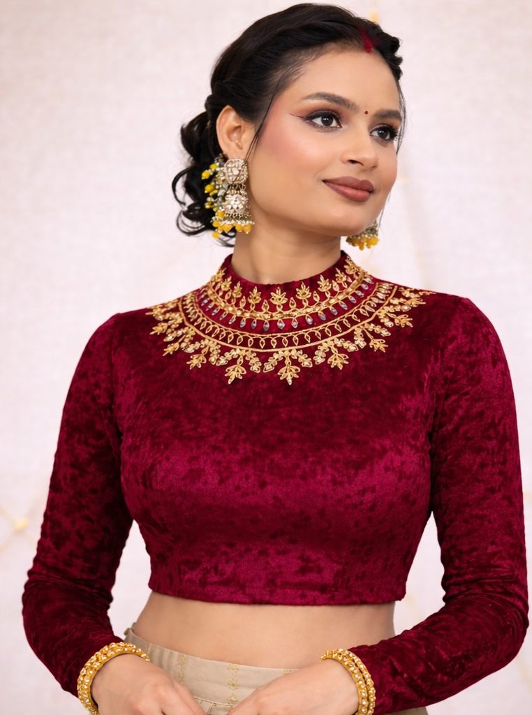 Wine Velvet Heavy Stone Work Designer Blouse