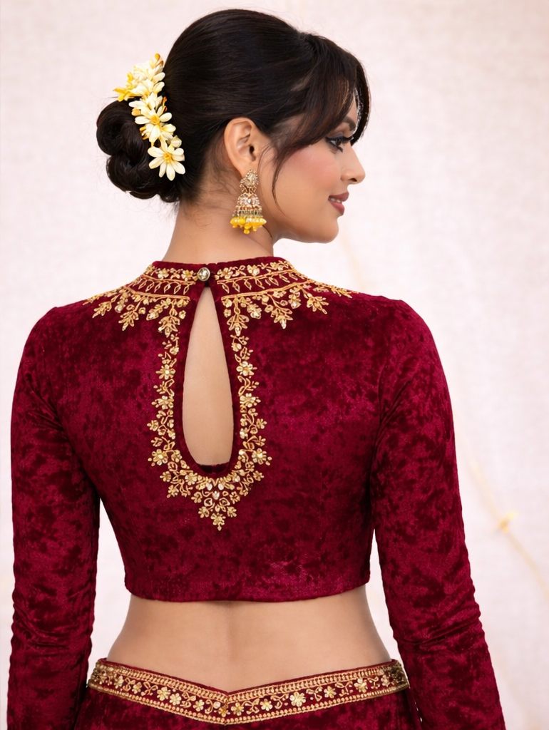 Wine Velvet Heavy Stone Work Designer Blouse - Image 2