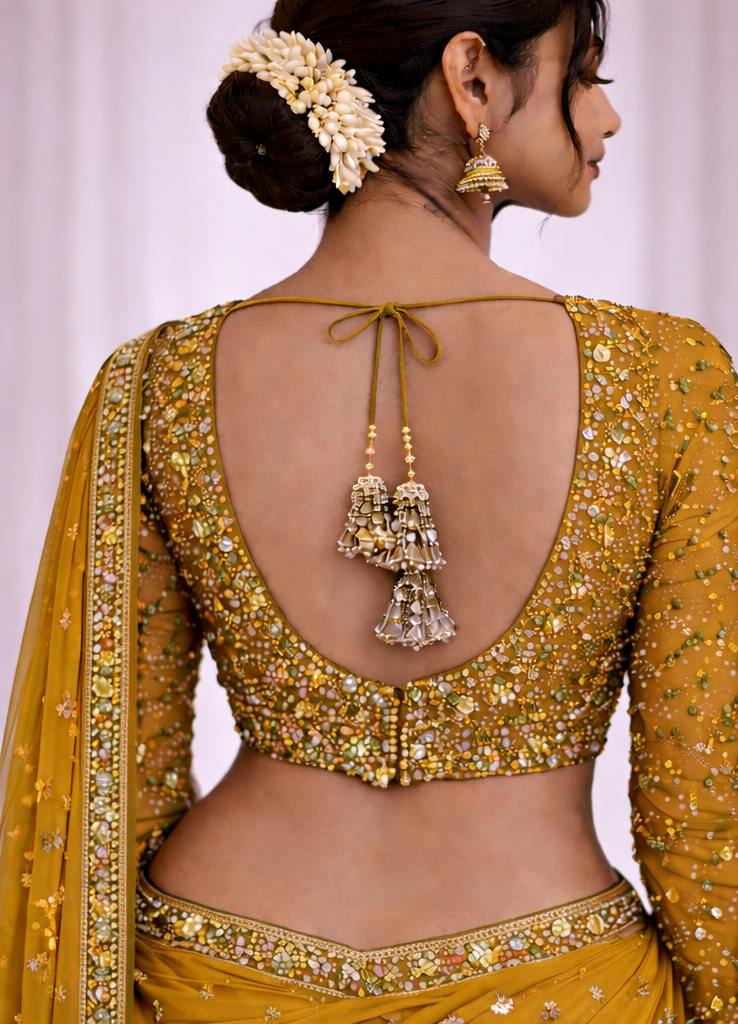 Mustard Yellow Heavy Stone Work Designer Blouse