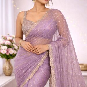 Lavender Net Sequin Party Wear Saree with Blouse