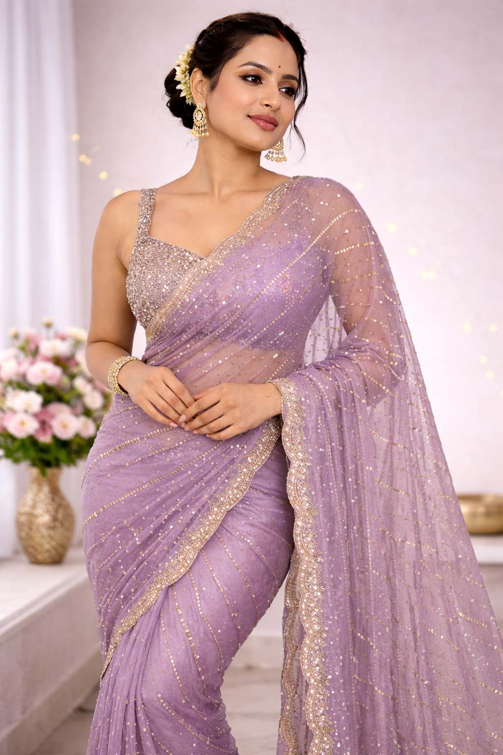 Lavender Net Sequin Party Wear Saree with Blouse