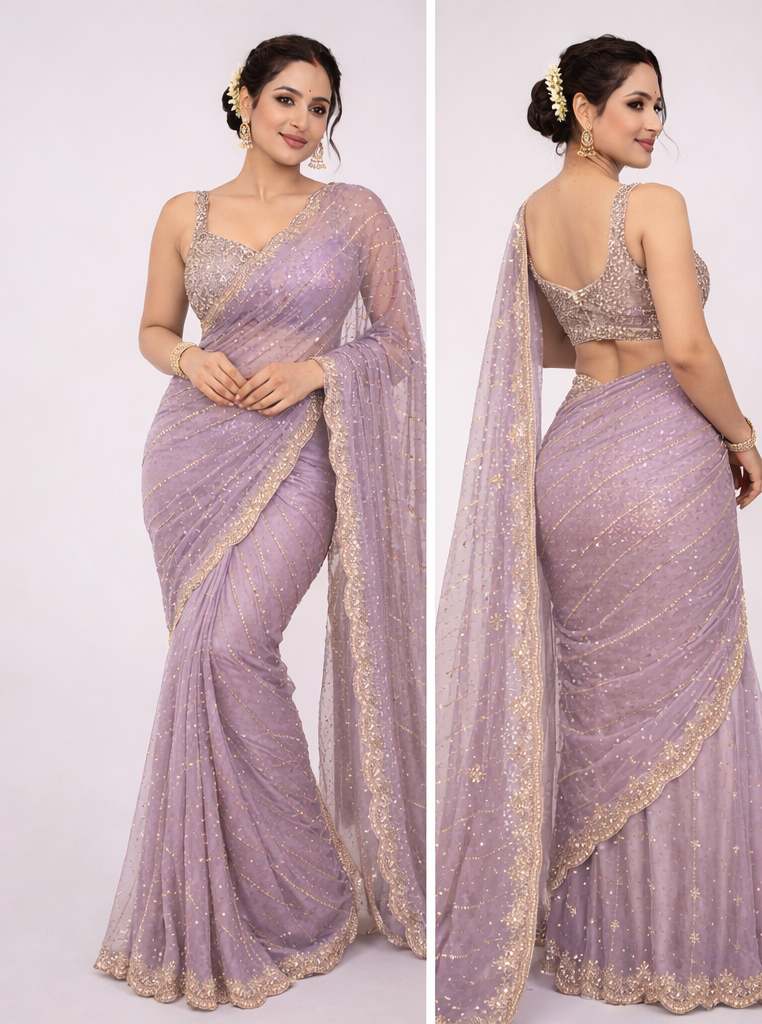 Lavender Net Party Wear Saree with Blouse - Image 2