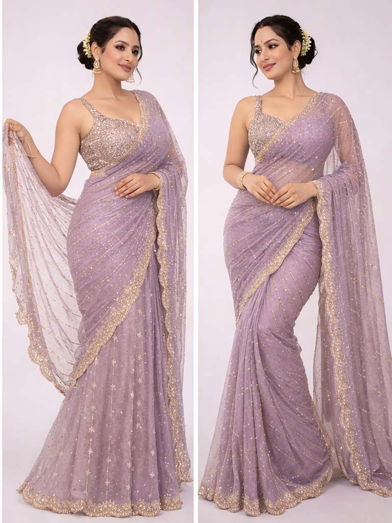 Lavender Net Party Wear Saree with Blouse - Image 3