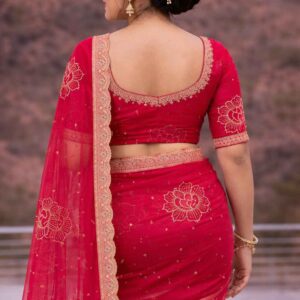 Rani Pink Net Saree with Golden Lotus Embroidery