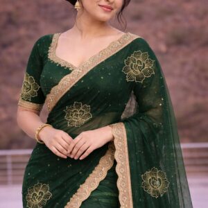 Bottle Green Net Saree with Gold Floral