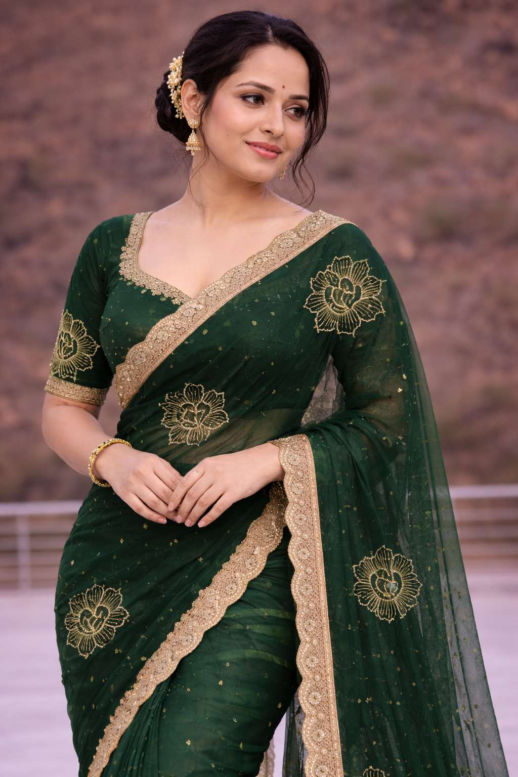 Bottle Green Net Saree with Gold Floral