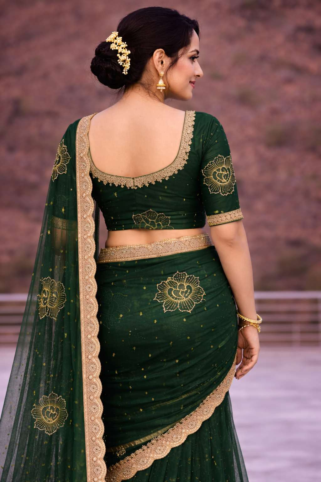 Bottle Green Net Saree with Gold Floral - Image 3