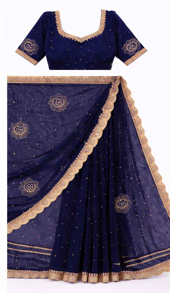 Navy Blue Net Saree with Gold Floral Embroidery - Image 2