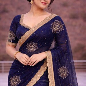 Navy Blue Net Saree with Gold Floral Embroidery
