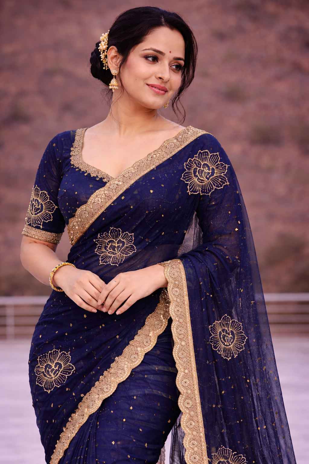 Navy Blue Net Saree with Gold Floral Embroidery