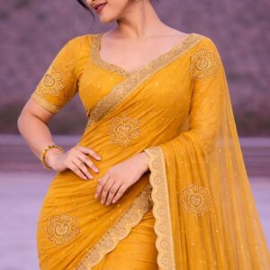 Mustard Yellow Net Saree with Golden Lotus Embroidery