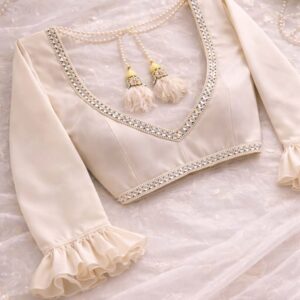 Cream Satin Pearl & Mirror Work Deep U Back Blouse