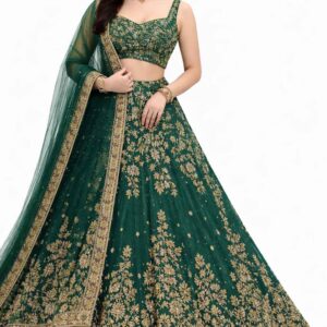Buy Women Emerald Green Party Wear Lehenga Choli with Heavy Gold Embroidery & Net Dupatta
