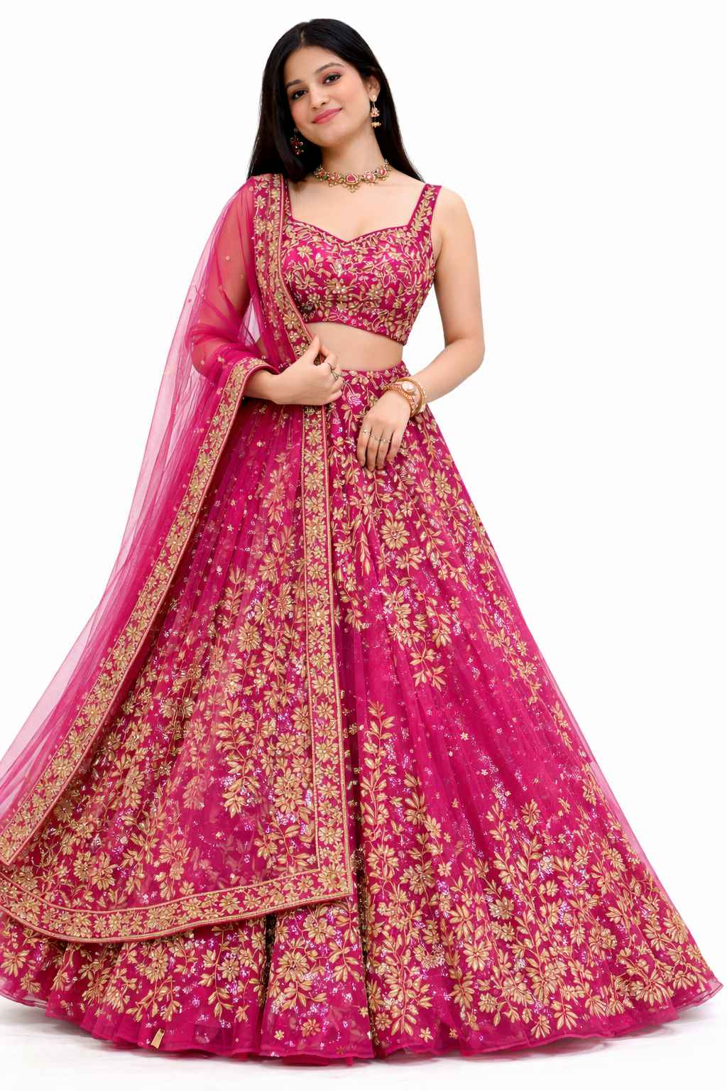 Women Hot Pink Party Wear Lehenga Choli with Heavy Embroidery & Net Dupatta Buy Now