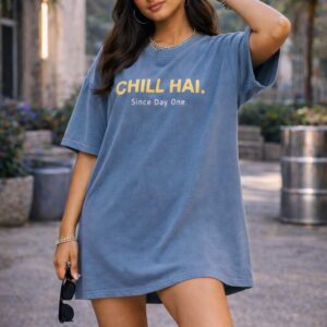 Dusty Blue Oversized T-Shirt Dress for Women | Indian Gen Z Streetwear | “Apna Time Apni Vibe” Print