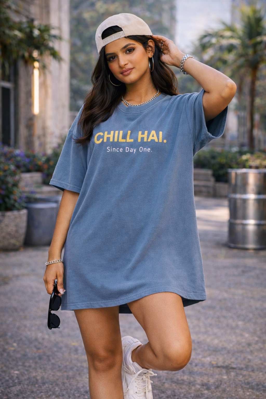 Dusty Blue Oversized T-Shirt Dress for Women | Indian Gen Z Streetwear | “Apna Time Apni Vibe” Print