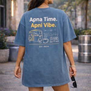 Dusty Blue Oversized T-Shirt Dress for Women | Indian Gen Z Streetwear | “Apna Time Apni Vibe” Print
